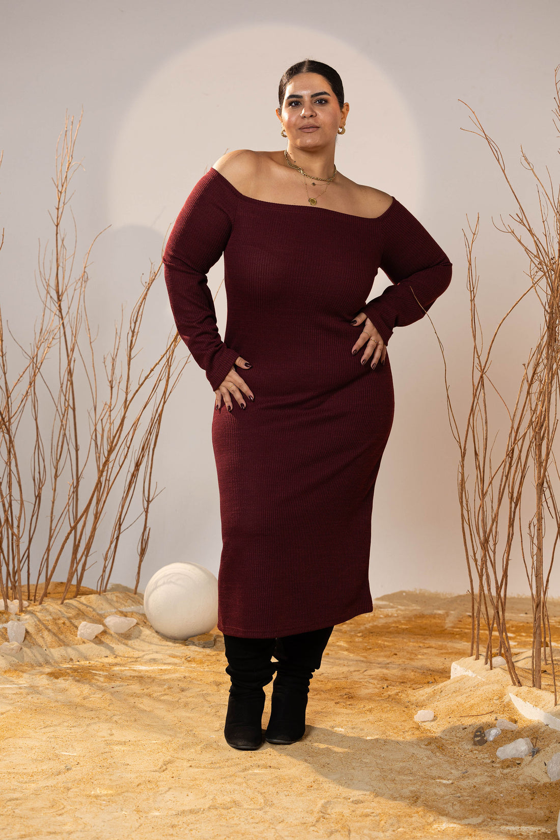 Off-Shoulder Maroon Mid-Calf Rib Dress