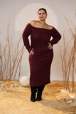 Off-Shoulder Maroon Mid-Calf Rib Dress