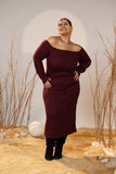 Off-Shoulder Maroon Mid-Calf Rib Dress