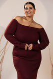 Off-Shoulder Maroon Mid-Calf Rib Dress