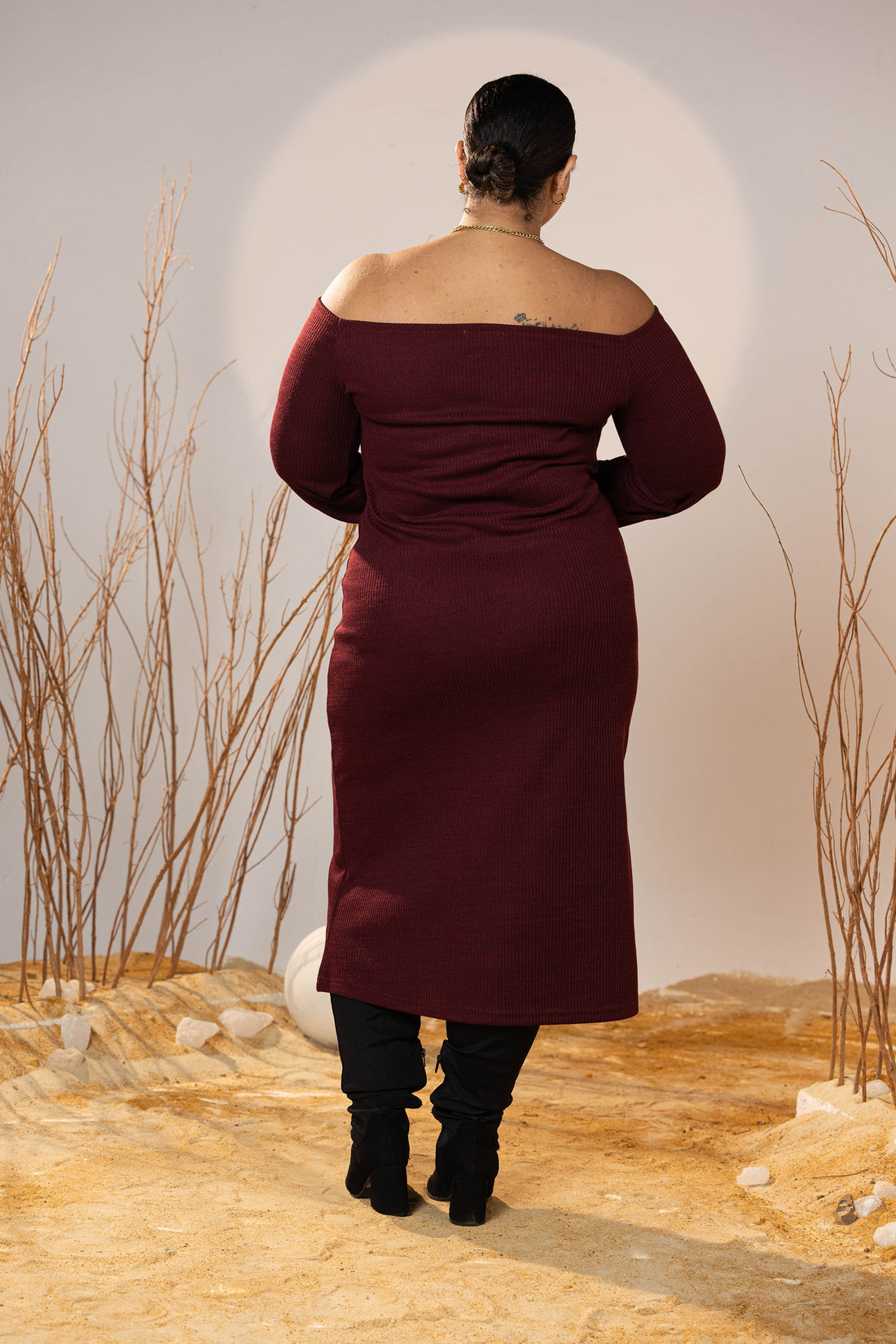 Off-Shoulder Maroon Mid-Calf Rib Dress