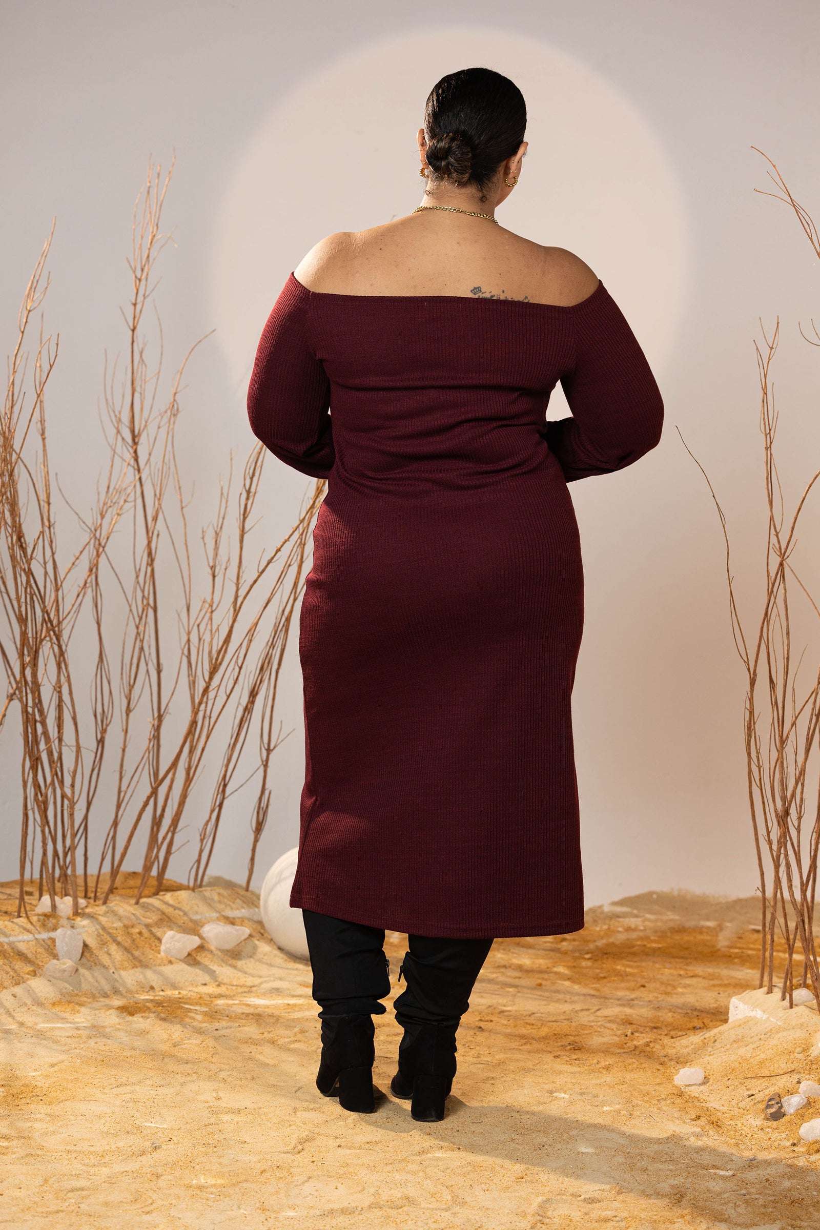 Off-Shoulder Maroon Mid-Calf Rib Dress
