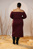 Off-Shoulder Maroon Mid-Calf Rib Dress