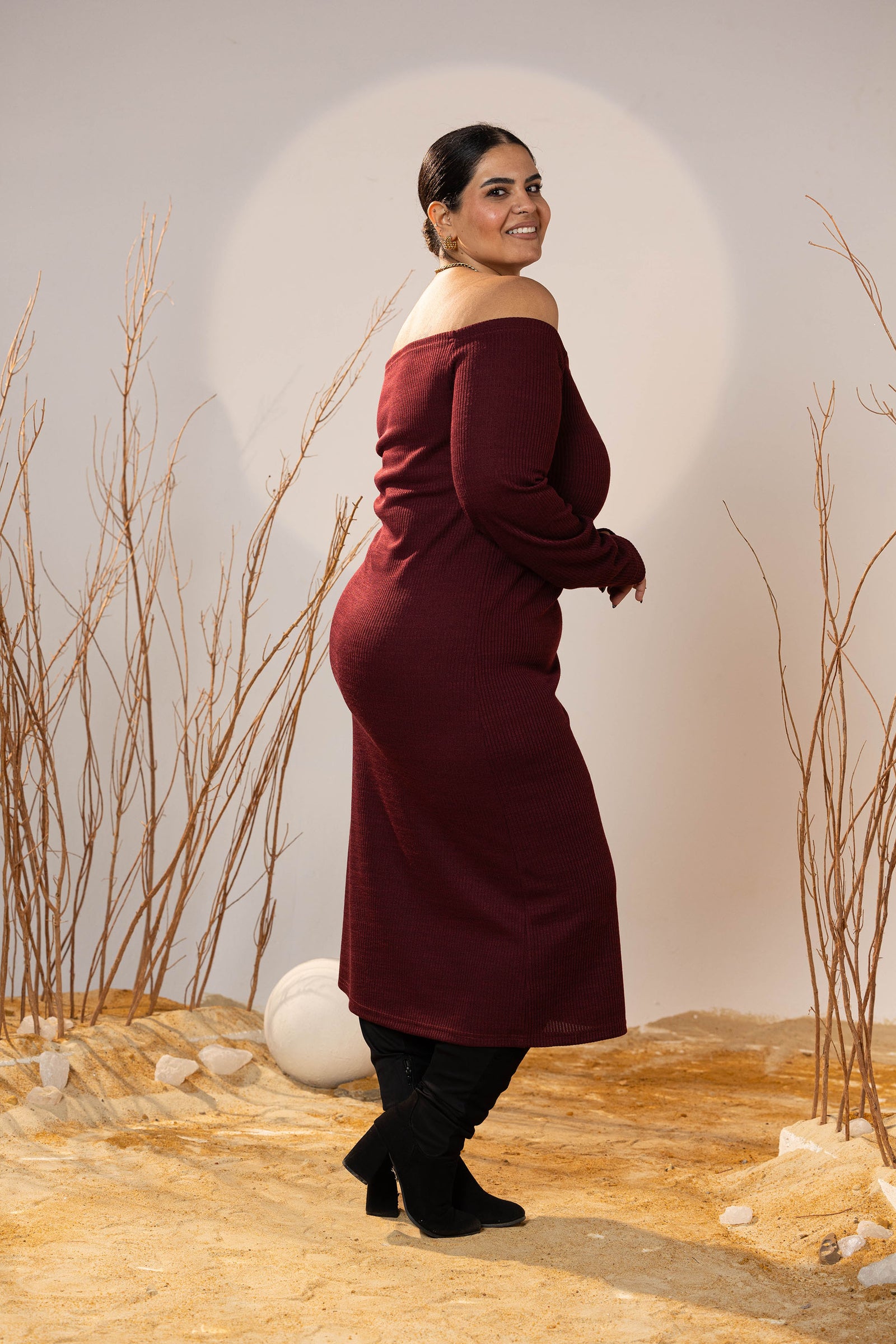 Off-Shoulder Maroon Mid-Calf Rib Dress