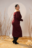 Off-Shoulder Maroon Mid-Calf Rib Dress