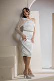 One-Shoulder Sparkle Sleeve Midi Dress - White