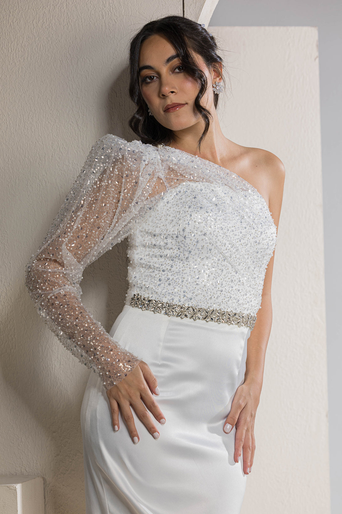 One-Shoulder Sparkle Sleeve Midi Dress - White