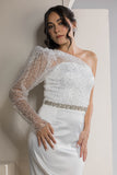 One-Shoulder Sparkle Sleeve Midi Dress - White