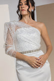 One-Shoulder Sparkle Sleeve Midi Dress - White