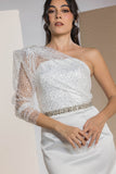 One-Shoulder Sparkle Sleeve Midi Dress - White