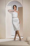 One-Shoulder Sparkle Sleeve Midi Dress - White