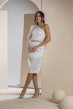 One-Shoulder Sparkle Sleeve Midi Dress - White