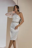 One-Shoulder Sparkle Sleeve Midi Dress - White