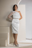 One-Shoulder Sparkle Sleeve Midi Dress - White