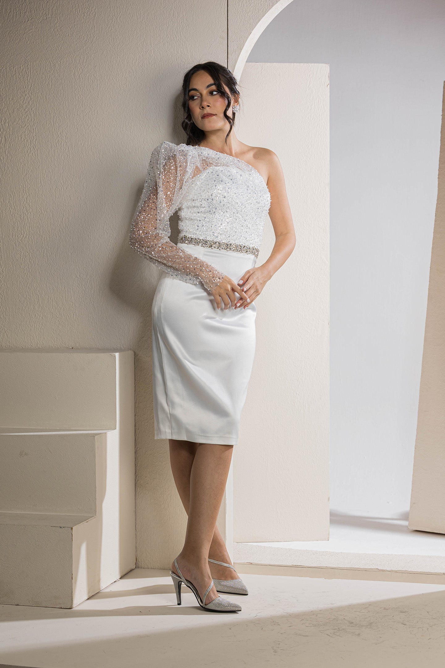 One-Shoulder Sparkle Sleeve Midi Dress - White