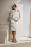 One-Shoulder Sparkle Sleeve Midi Dress - White
