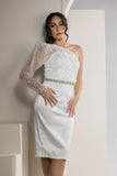 One-Shoulder Sparkle Sleeve Midi Dress - White