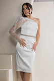 One-Shoulder Sparkle Sleeve Midi Dress - White