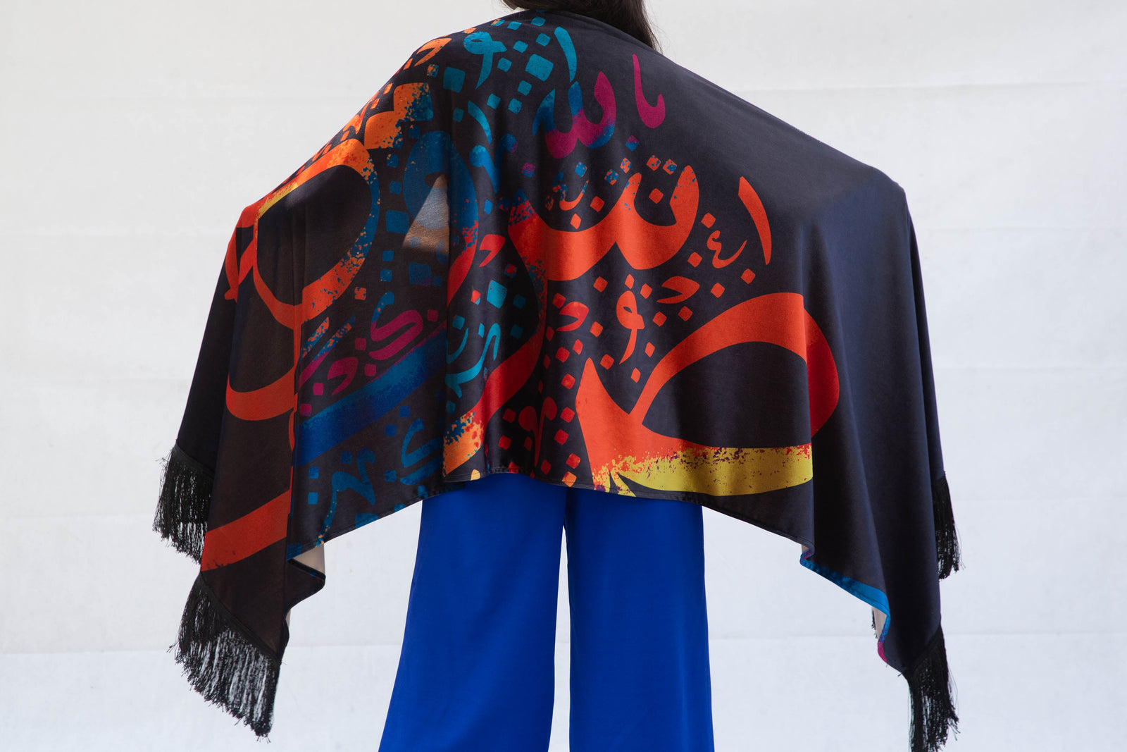 Artwork Velvet Shawl with fringes  - Black