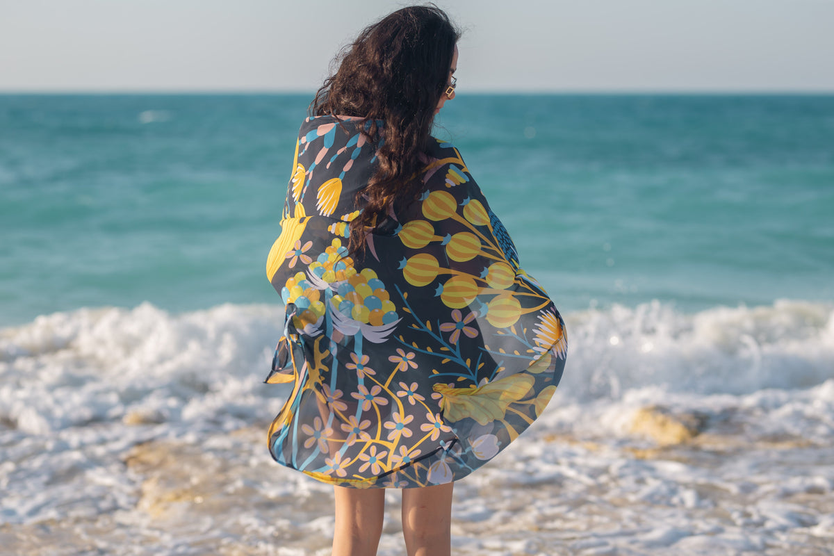 Lemon tree chiffon Beach Cover Up - Navy blue