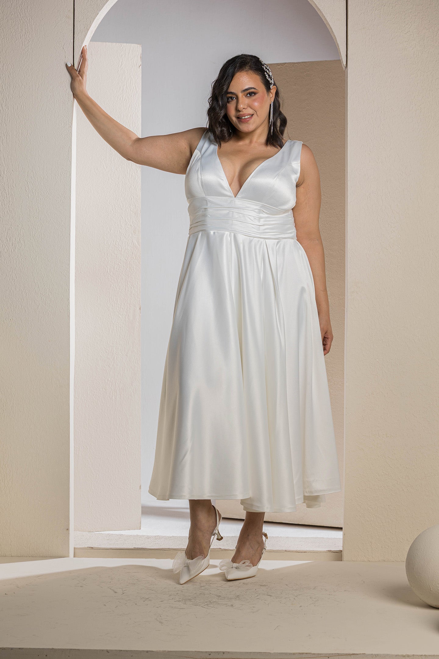 Radiant V-Neck Midi Flare Dress - White