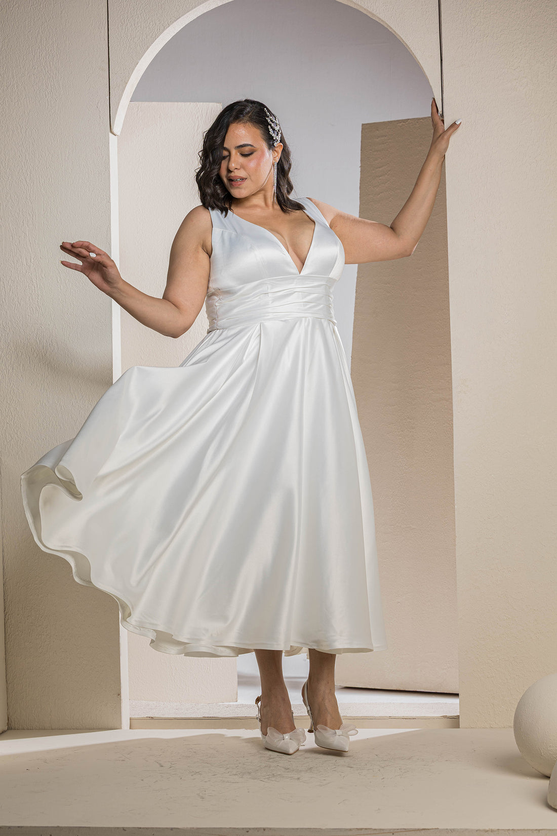 Radiant V-Neck Midi Flare Dress - White