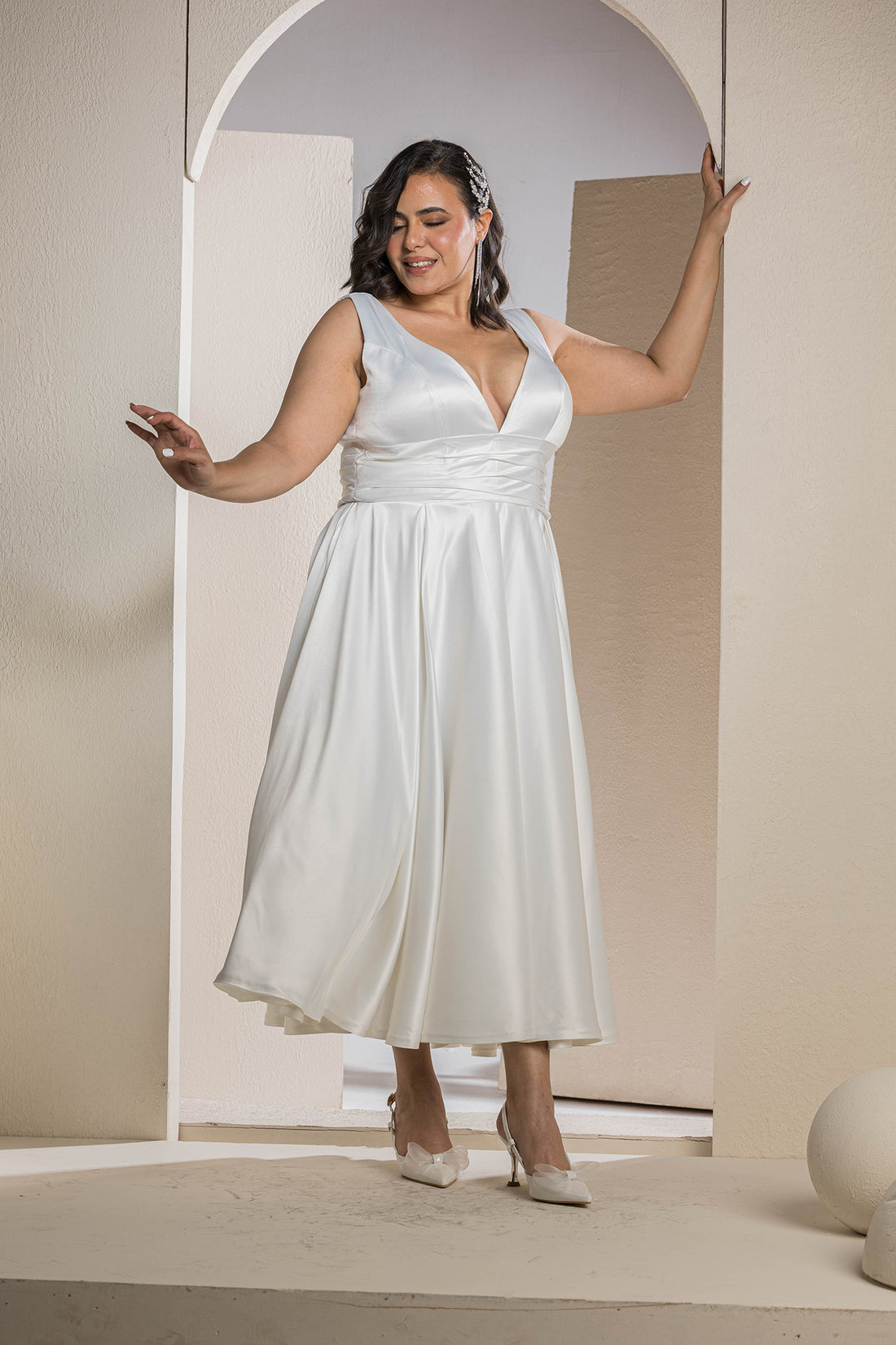 Radiant V-Neck Midi Flare Dress - White