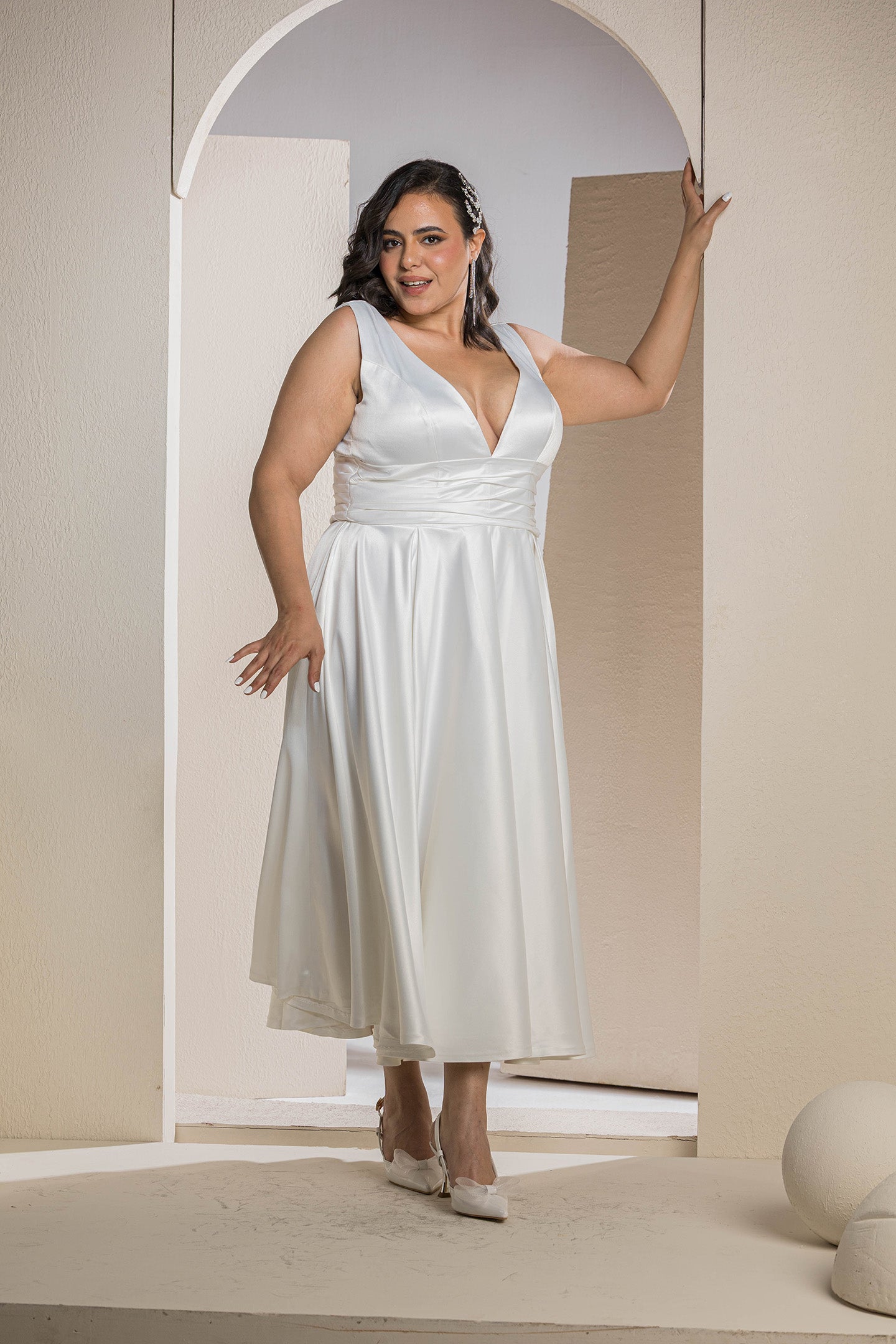 Radiant V-Neck Midi Flare Dress - White