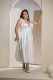 Radiant V-Neck Midi Flare Dress - White