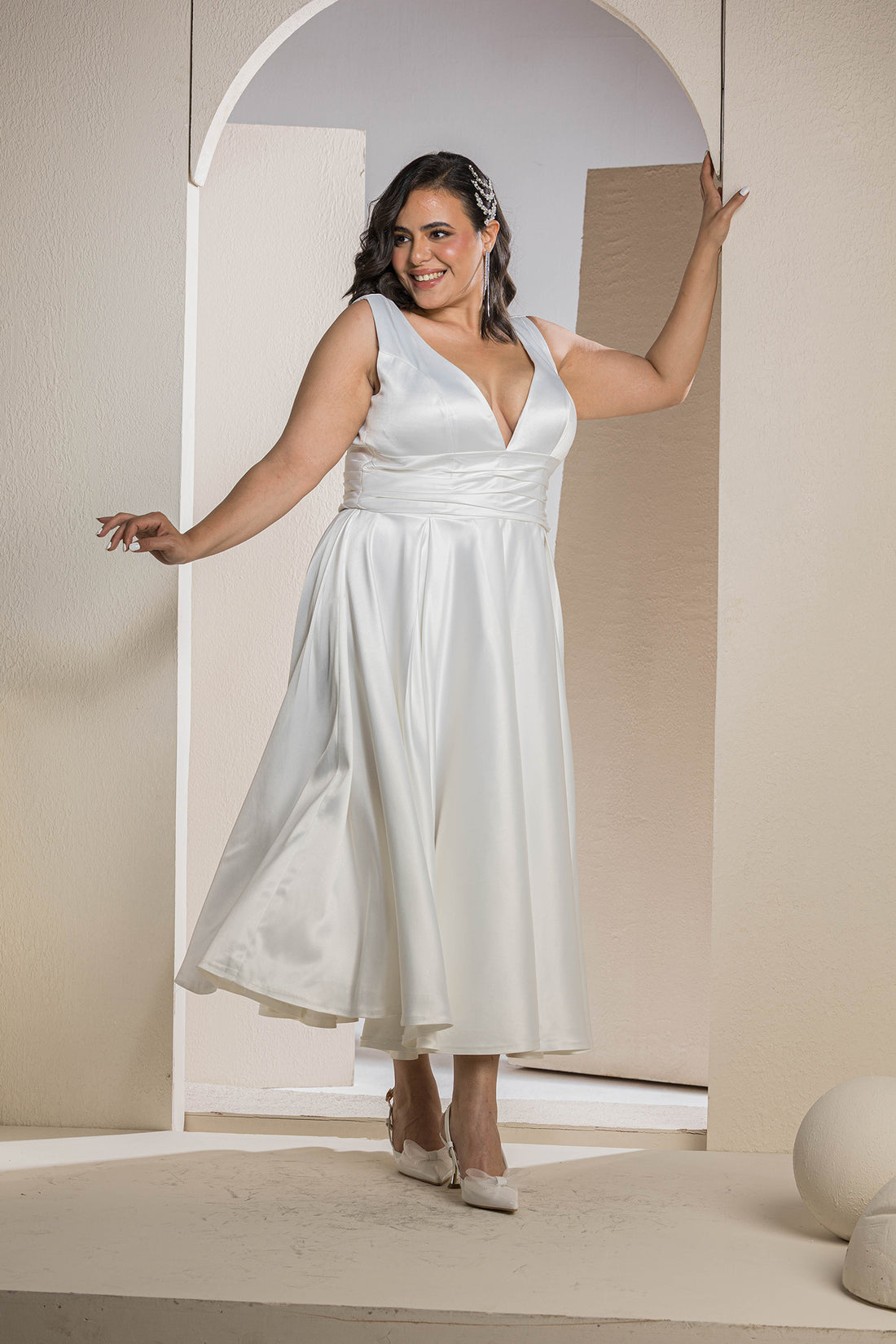 Radiant V-Neck Midi Flare Dress - White
