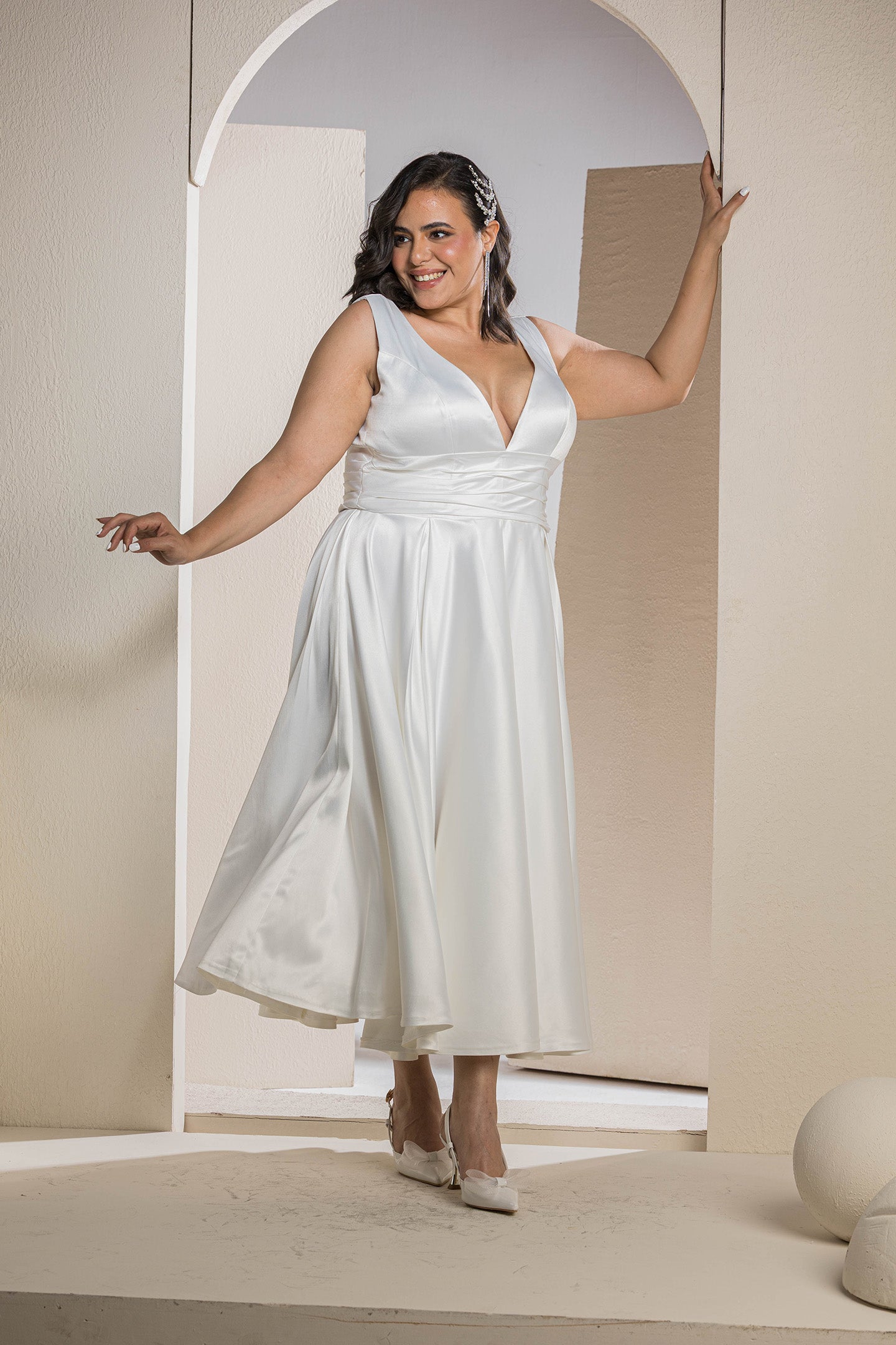 Radiant V-Neck Midi Flare Dress - White