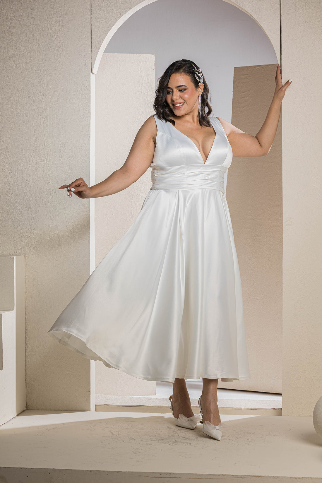Radiant V-Neck Midi Flare Dress - White