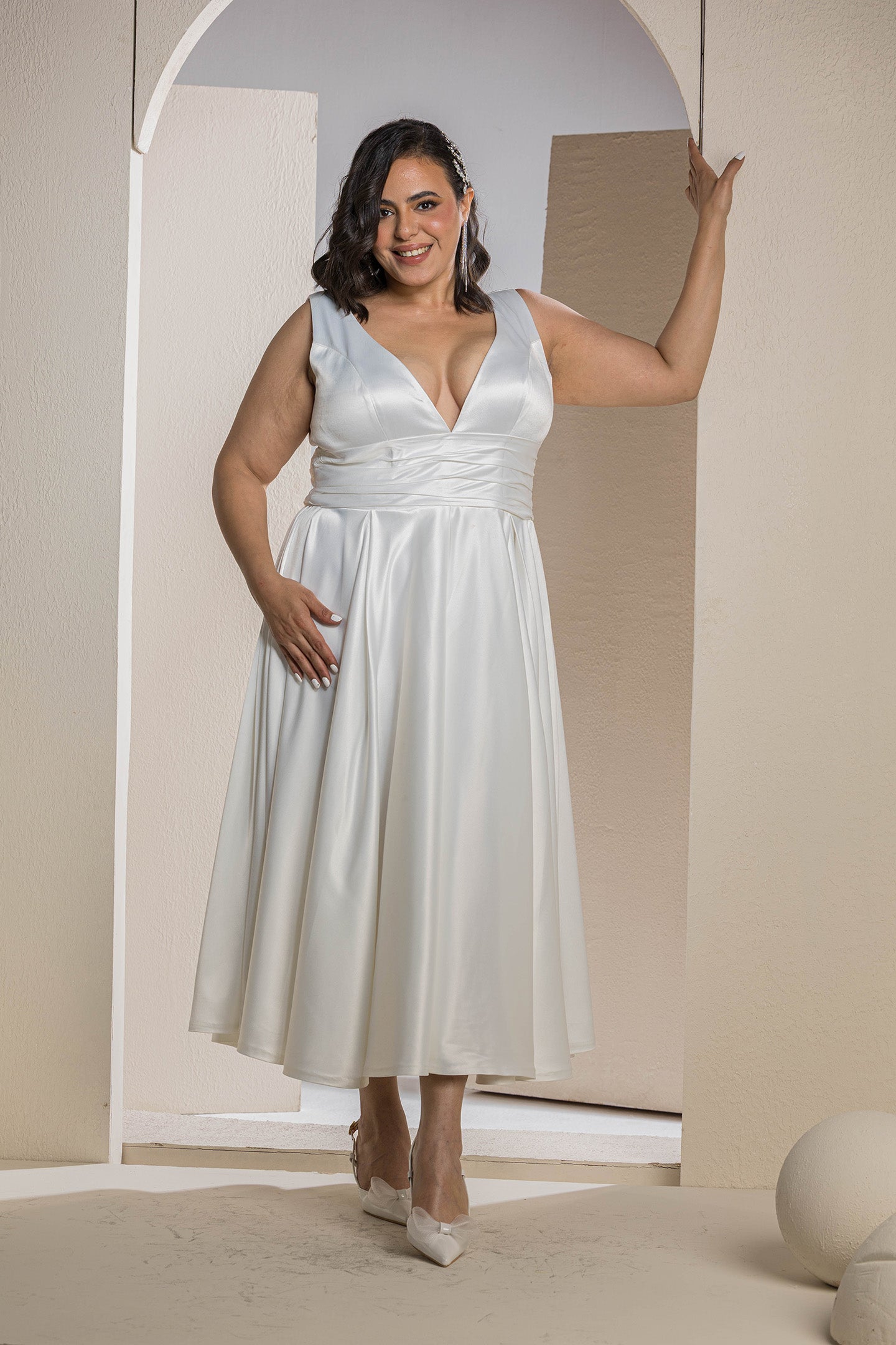 Radiant V-Neck Midi Flare Dress - White