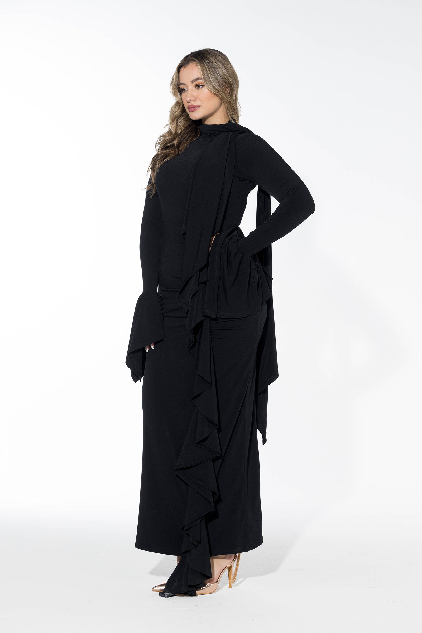 Ruffled Full stretch Dress - Black