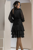 Shimmer Pleated Tier Mini Dress - Black