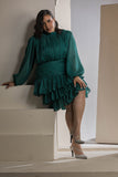 Shimmer Pleated Tier Mini Dress - Emerald Green
