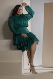 Shimmer Pleated Tier Mini Dress - Emerald Green