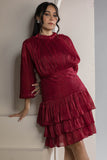 Shimmer Pleated Tier Mini Dress - Maroon