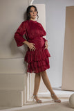 Shimmer Pleated Tier Mini Dress - Maroon