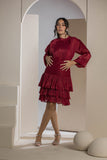 Shimmer Pleated Tier Mini Dress - Maroon