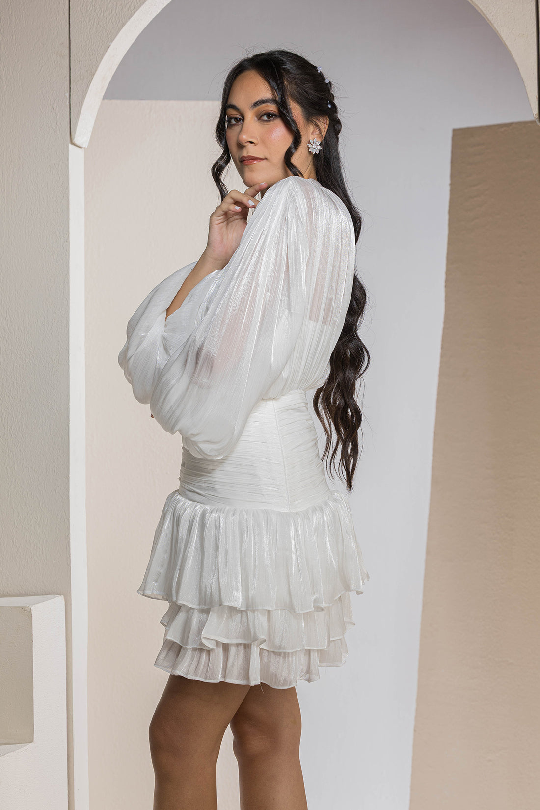 Shimmer Pleated Tier Mini Dress - White