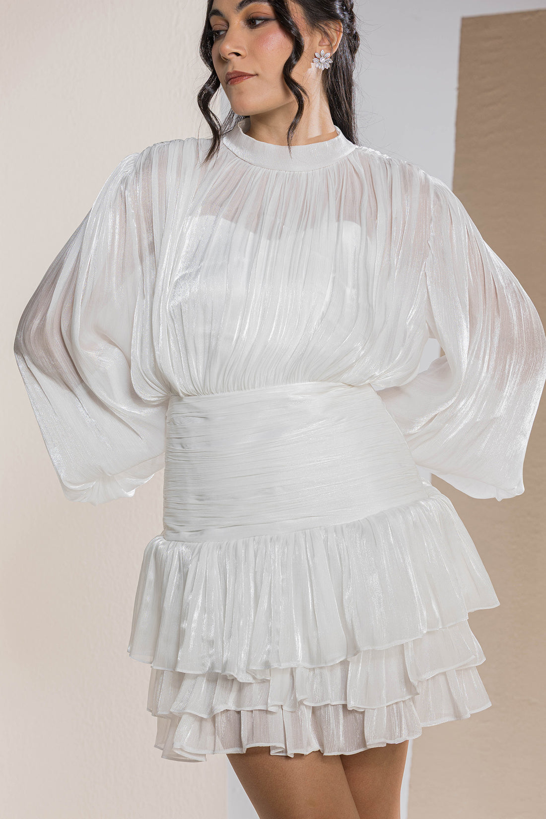 Shimmer Pleated Tier Mini Dress - White