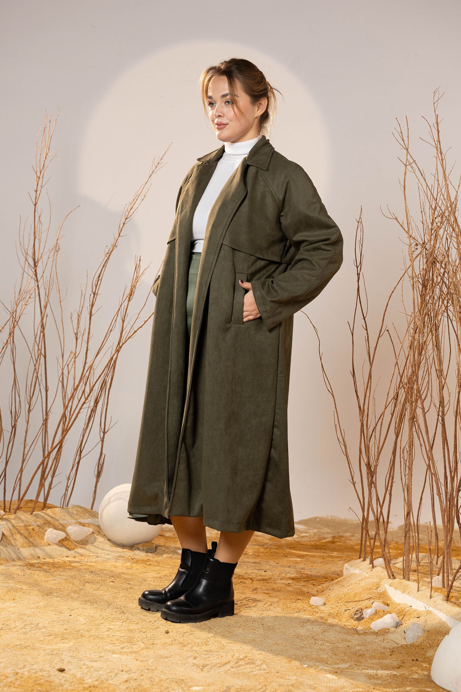 The Suede Trench Coat - Army Green