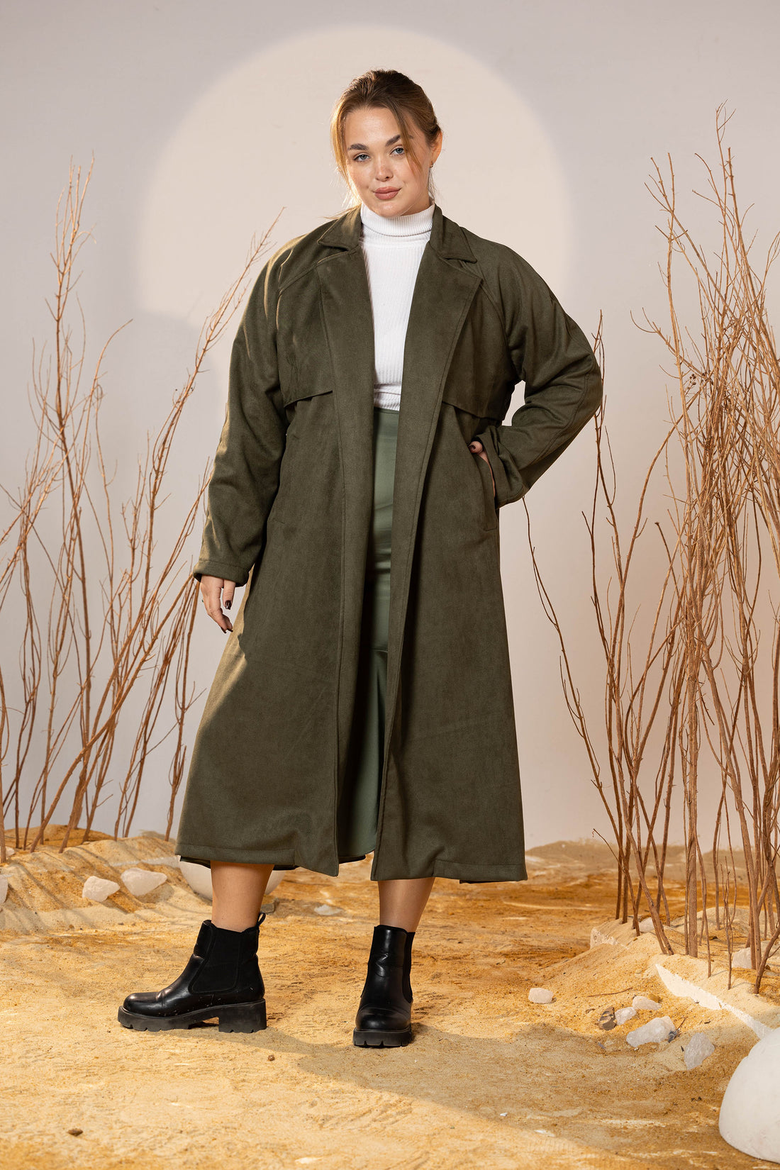 The Suede Trench Coat - Army Green