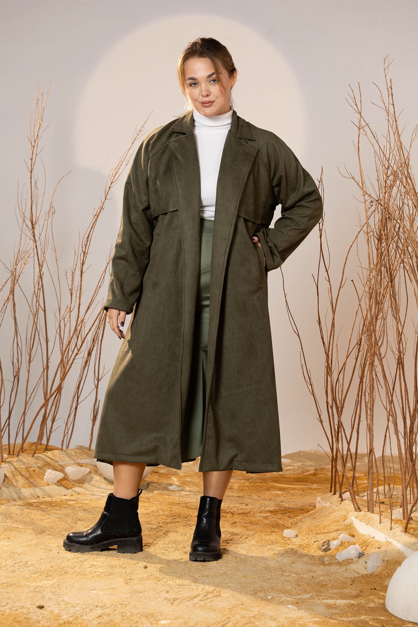 The Suede Trench Coat - Army Green