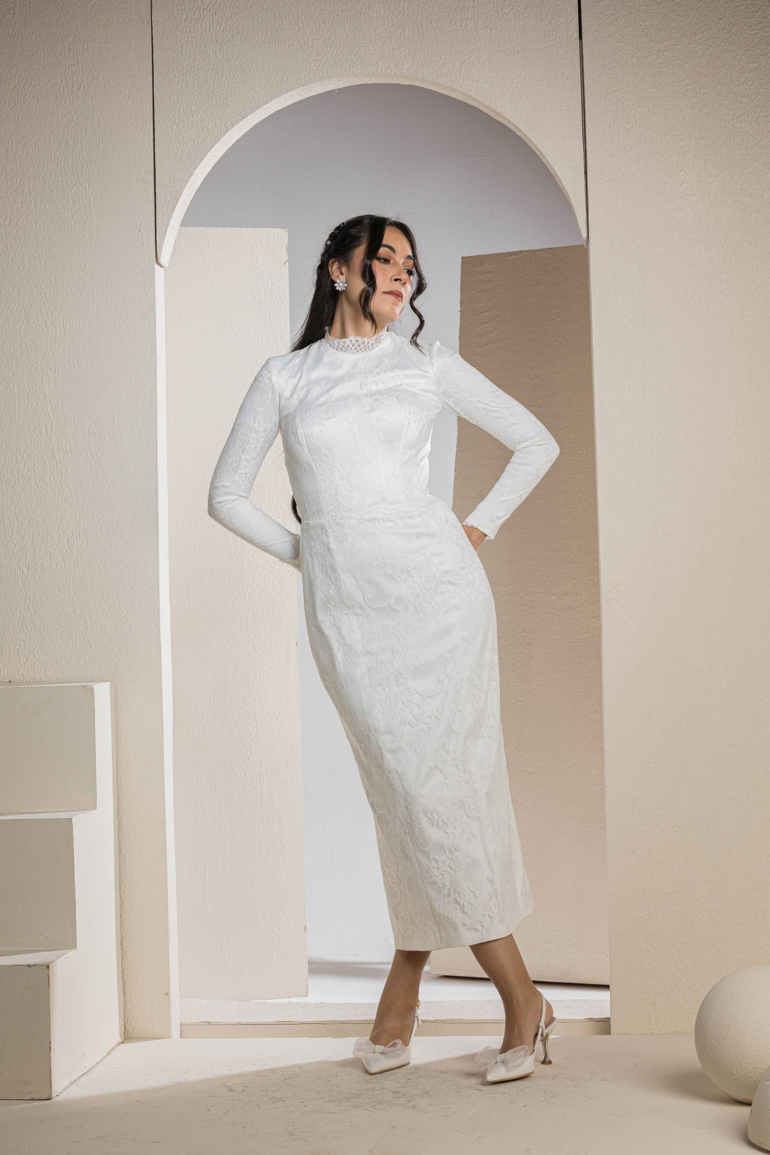 Timeless Lace Detail Midi Gown - White