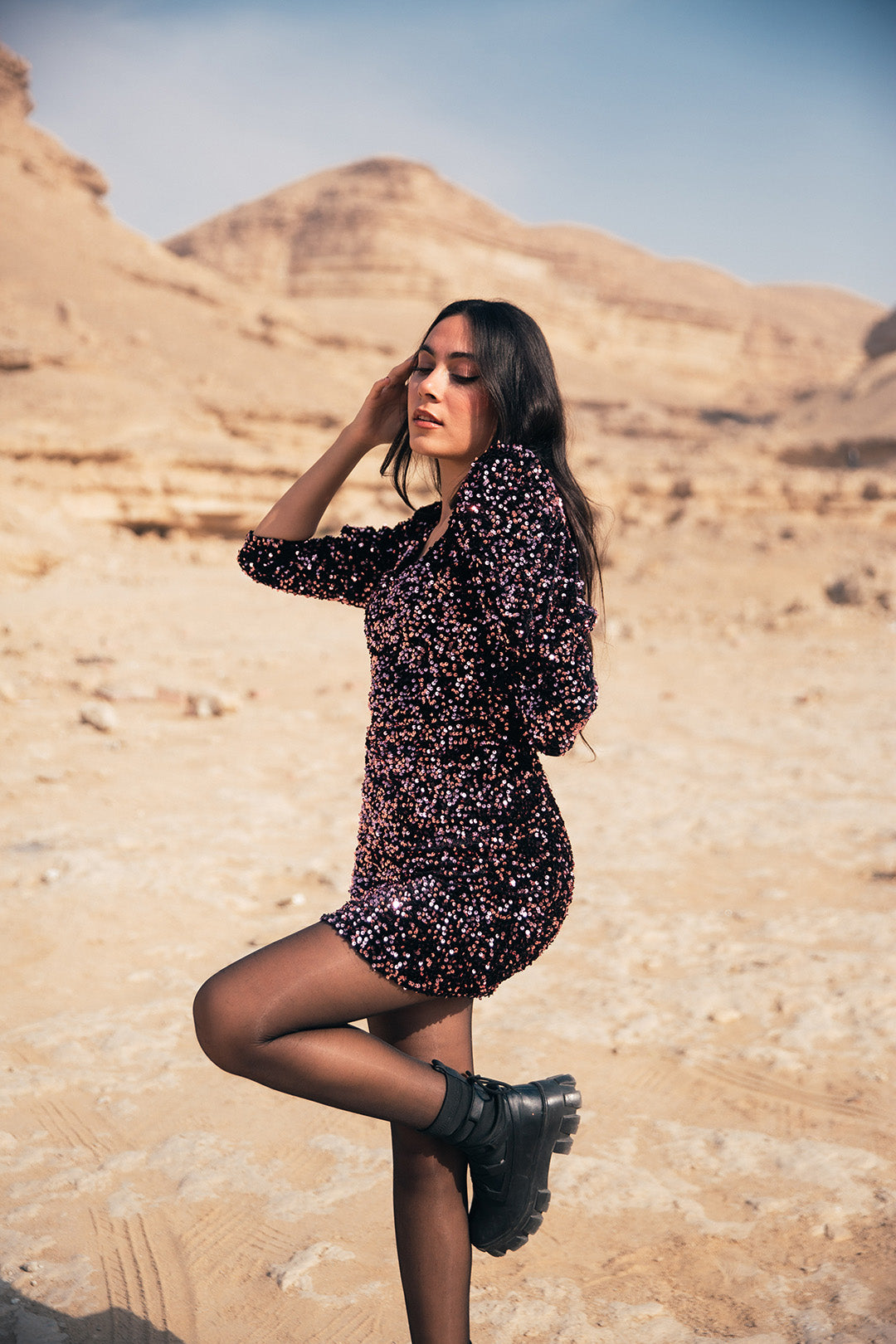 Velvet Sequin Puff Sleeve Dress - Brown