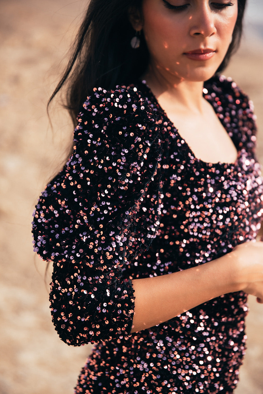 Velvet Sequin Puff Sleeve Dress - Brown