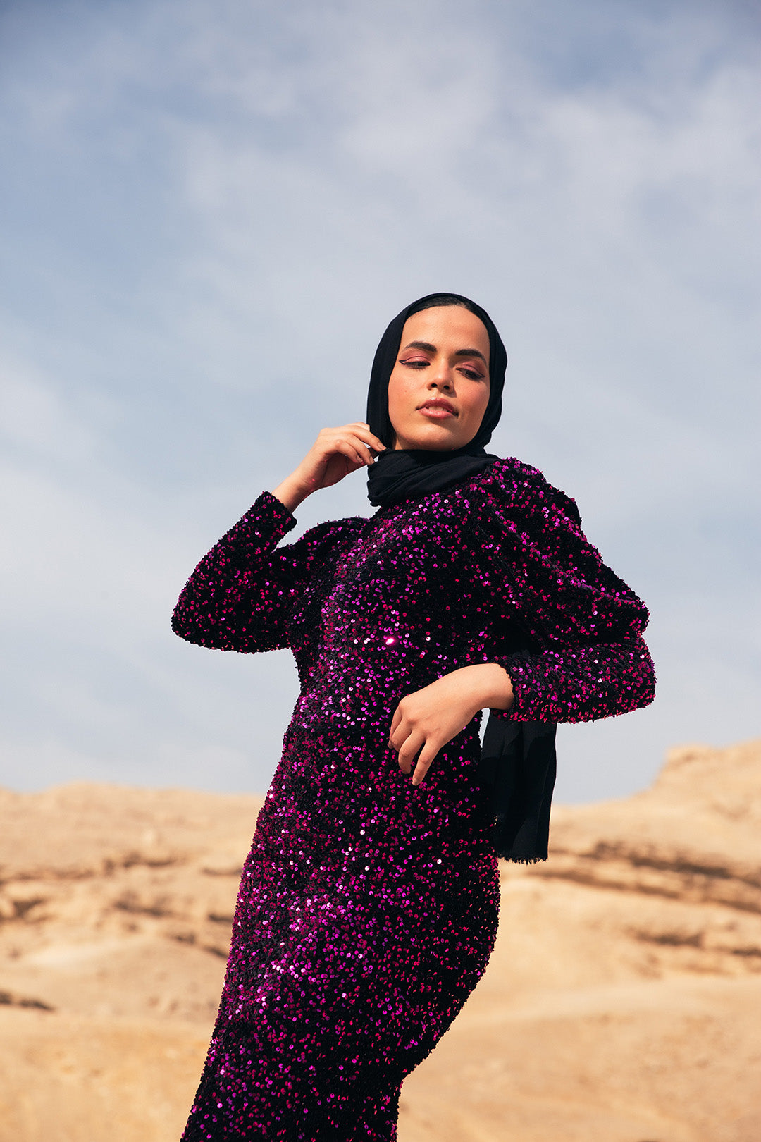 Velvet Sequin Puff Sleeve Dress - Fuchsia