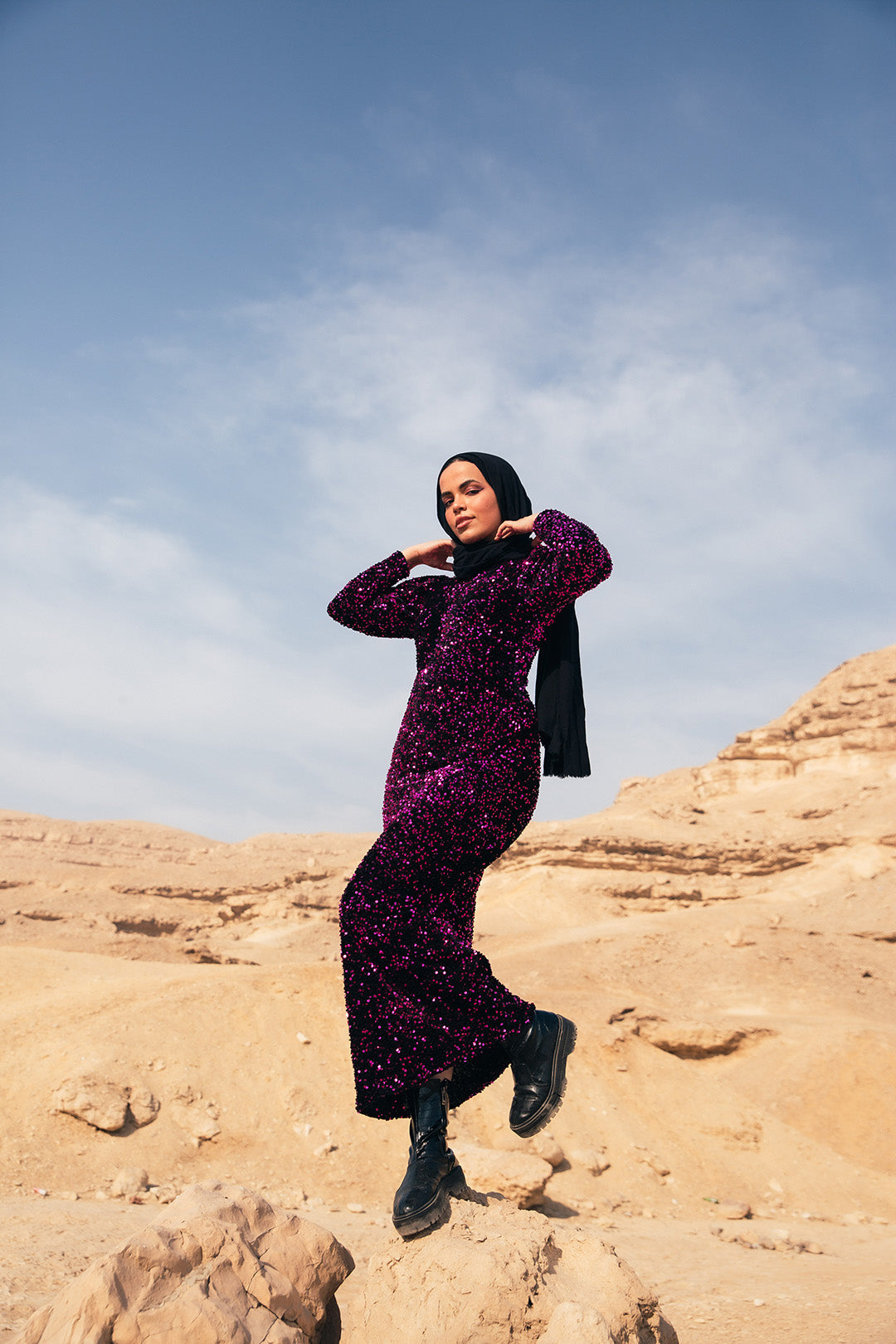 Velvet Sequin Puff Sleeve Dress - Fuchsia